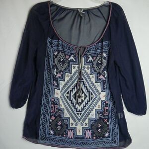 Vanity Womens Size S Blue Lightweight Deep V-Neck Boho Peasant Flowy Top